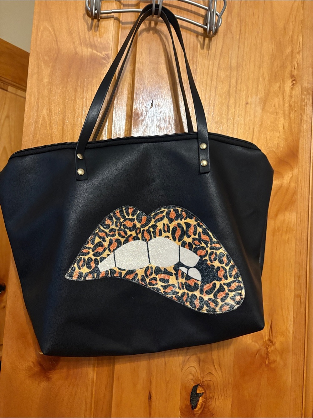 Black Tote Bag with Leopard Print Lips